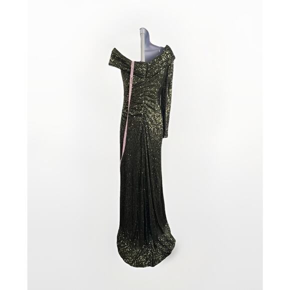 Ieena Mac Duggal Olive Green Sequin One-Shoulder Side Slit Gown Size 6 $398 - Picture 15 of 15